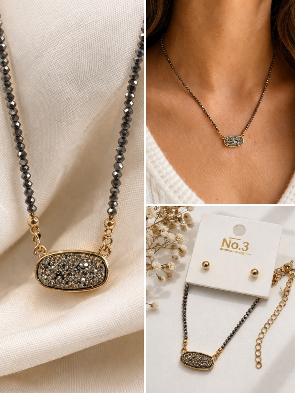 #572 No. 3 Druzy Bar Necklace Gold Tone Faceted Beaded Chain Adjustable